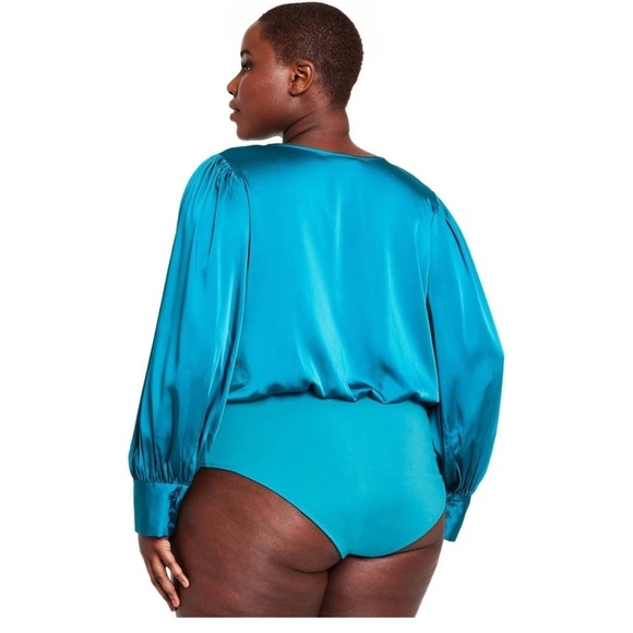 SERGIO HUDSON X TARGET Satin Turquoise Long SLV Surplice Front Bodysuit  SZ 4X - Picture 2 of 16